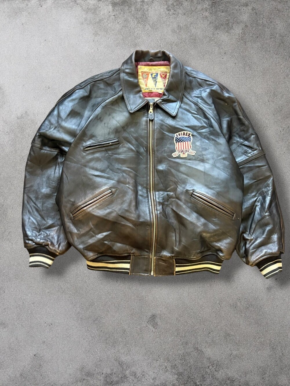 Vintage Avirex Varsity Sports Brown Leather Jacket Graphic Lining Fits XXL